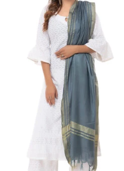 Grey Cotton Slub Weaving Work Dupatta Work Wear