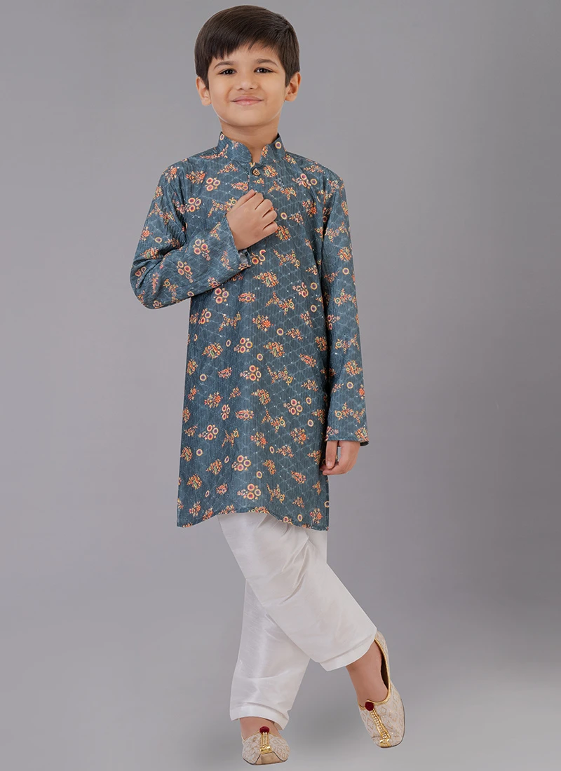 Grey Digital Printed Kids Kurta Pyjama Party Wear 2 Grey Digital Printed Kids Kurta Pyjama Party Wear - Image 2