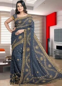Grey Georgette Hand Work Saree Party Wear -C Bazaar Shop grey georgette hand work saree sadsf4873 u