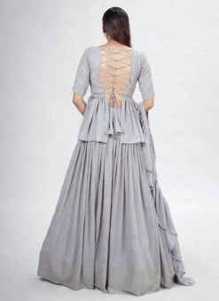 Grey Georgette Sequins Long Choli Umbrella Lehenga Party Wear -C Bazaar Shop grey georgette sequins long choli umbrella lehenga ghsdrs11002 b