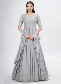 Grey Georgette Sequins Long Choli Umbrella Lehenga Party Wear -C Bazaar Shop grey georgette sequins long choli umbrella lehenga ghsdrs11002 u