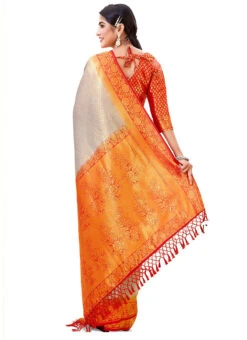 Grey Kanjivaram Silk Zari Woven Work Saree Festive Wear -C Bazaar Shop grey kanjivaram silk zari woven work saree sasacw5006 b