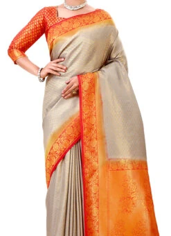 Grey Kanjivaram Silk Zari Woven Work Saree Festive Wear
