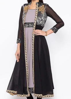 Grey N Black Crepe Embroidered Kurta Churidar Set After Six Wear