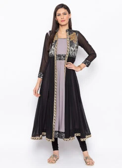 Grey N Black Crepe Embroidered Kurta Churidar Set After Six Wear -C Bazaar Shop grey n black crepe embroidered kurta churidar set krsmnc2100bks u