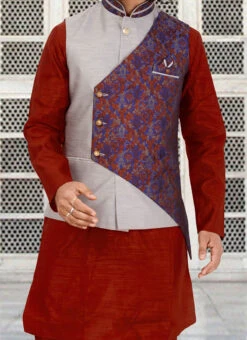 Grey N Blue Art Silk Bandhgala Jacket