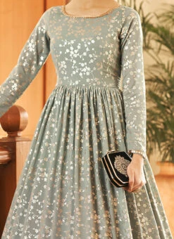 Sea Green N Blue Georgette Foil Printed Anarkali Gown After Six Wear