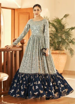 Sea Green N Blue Georgette Foil Printed Anarkali Gown After Six Wear -C Bazaar Shop grey n blue georgette foil printed anarkali gown bgwsom4706 u