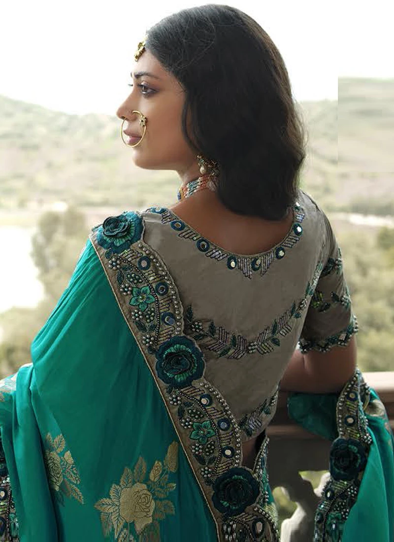 Grey N Green Silk Zari Embroidery Work Half N Half Saree Party Wear 4 Grey N Green Silk Zari Embroidery Work Half N Half Saree Party Wear - Image 4