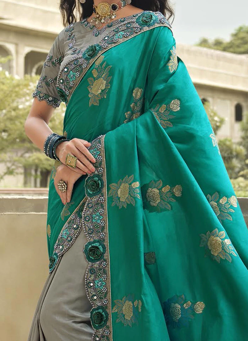 Grey N Green Silk Zari Embroidery Work Half N Half Saree Party Wear 1 Grey N Green Silk Zari Embroidery Work Half N Half Saree Party Wear