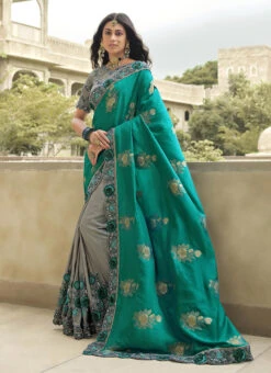 Grey N Green Silk Zari Embroidery Work Half N Half Saree Party Wear 6 Grey N Green Silk Zari Embroidery Work Half N Half Saree Party Wear -C Bazaar Shop grey n green silk zari embroidery work half n half saree samkns102214059 u