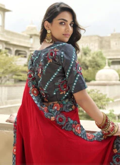 Grey N Red Silk Zari Embroidery Work Half N Half Saree Party Wear -C Bazaar Shop grey n red silk zari embroidery work half n half saree samkns102214061 b