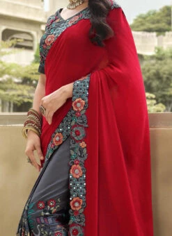 Grey N Red Silk Zari Embroidery Work Half N Half Saree Party Wear