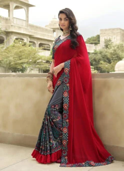 Grey N Red Silk Zari Embroidery Work Half N Half Saree Party Wear -C Bazaar Shop grey n red silk zari embroidery work half n half saree samkns102214061 u