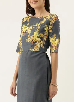 Grey N Yellow Printed Rayon Boat Neck Kurta Set After Six Wear