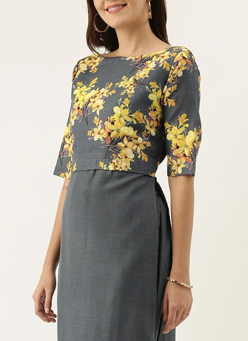 Grey N Yellow Printed Rayon Boat Neck Kurta Set After Six Wear 1 Grey N Yellow Printed Rayon Boat Neck Kurta Set After Six Wear