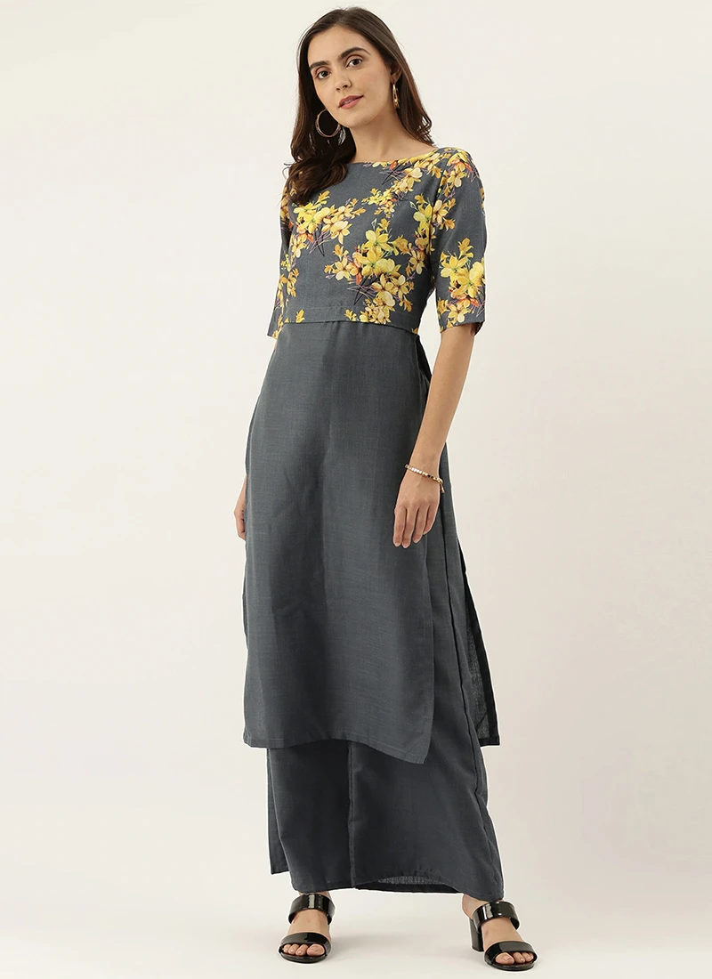 Grey N Yellow Printed Rayon Boat Neck Kurta Set After Six Wear 3 Grey N Yellow Printed Rayon Boat Neck Kurta Set After Six Wear - Image 3