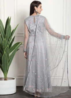 Grey Net Embroidered And Stones Gown Party Wear 7 Grey Net Embroidered And Stones Gown Party Wear -C Bazaar Shop grey net embroidered and stones gown bgwrssls4015 b