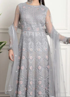 Grey Net Embroidered And Stones Gown Party Wear