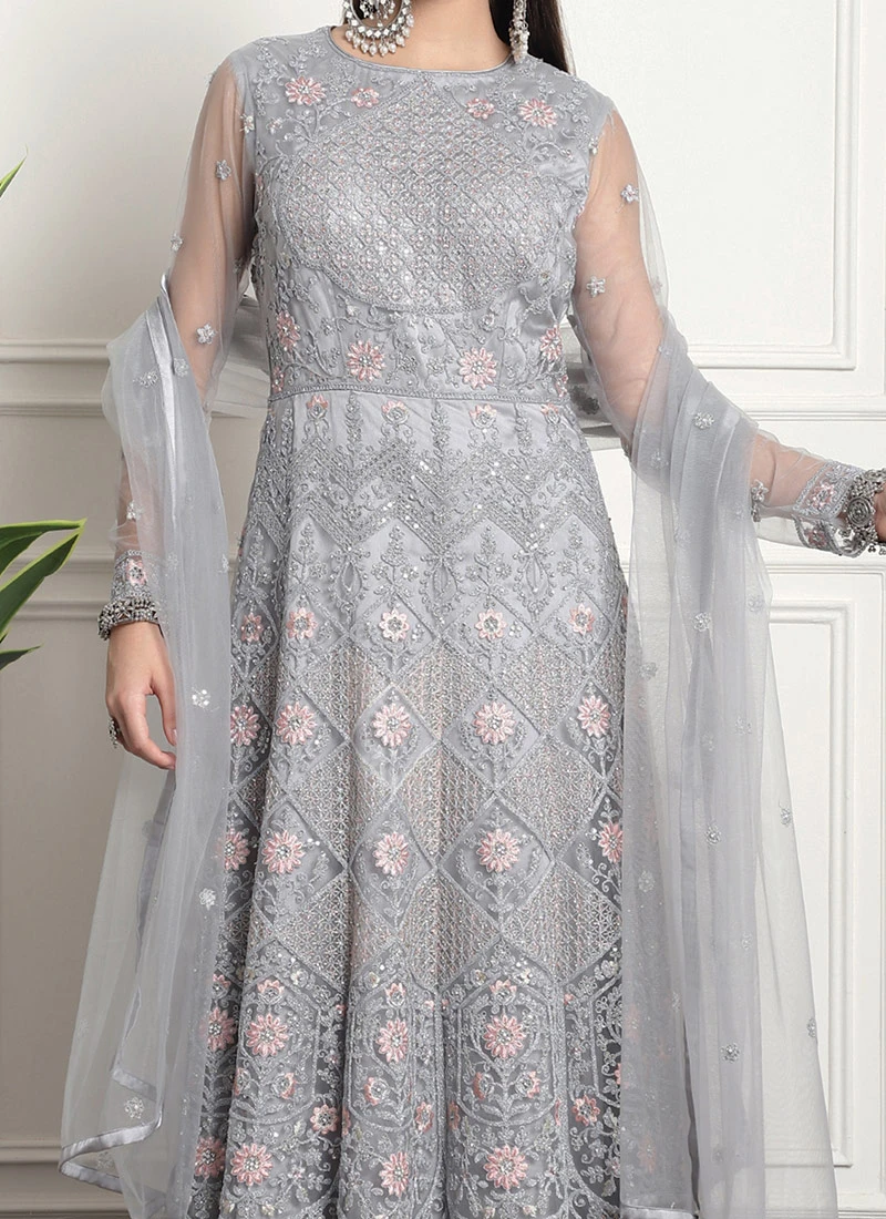 Grey Net Embroidered And Stones Gown Party Wear 1 Grey Net Embroidered And Stones Gown Party Wear