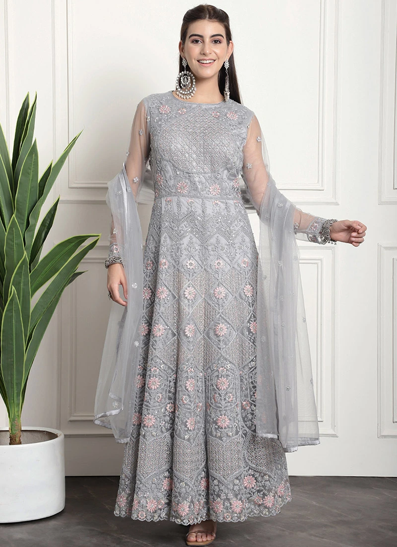 Grey Net Embroidered And Stones Gown Party Wear 3 Grey Net Embroidered And Stones Gown Party Wear - Image 3