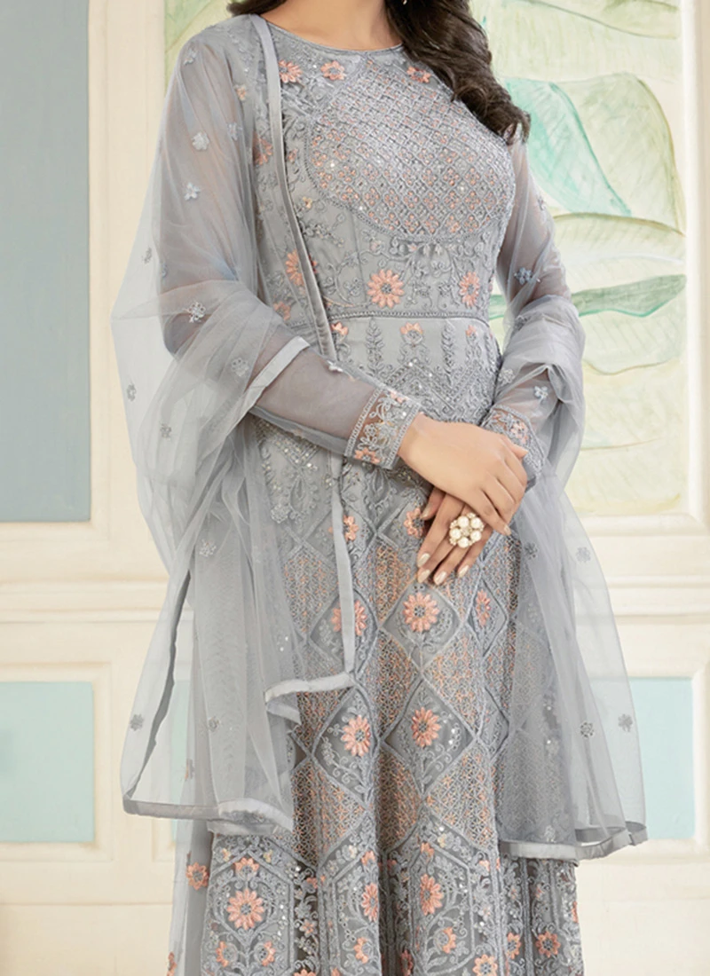 Grey Net Embroidered Stones Anarkali Suit Party Wear 1 Grey Net Embroidered Stones Anarkali Suit Party Wear