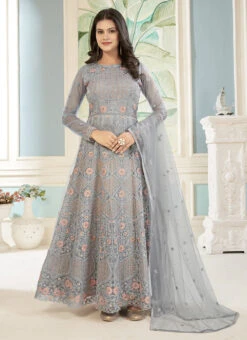 Grey Net Embroidered Stones Anarkali Suit Party Wear 6 Grey Net Embroidered Stones Anarkali Suit Party Wear -C Bazaar Shop grey net embroidered stones anarkali suit slsacw8952 u