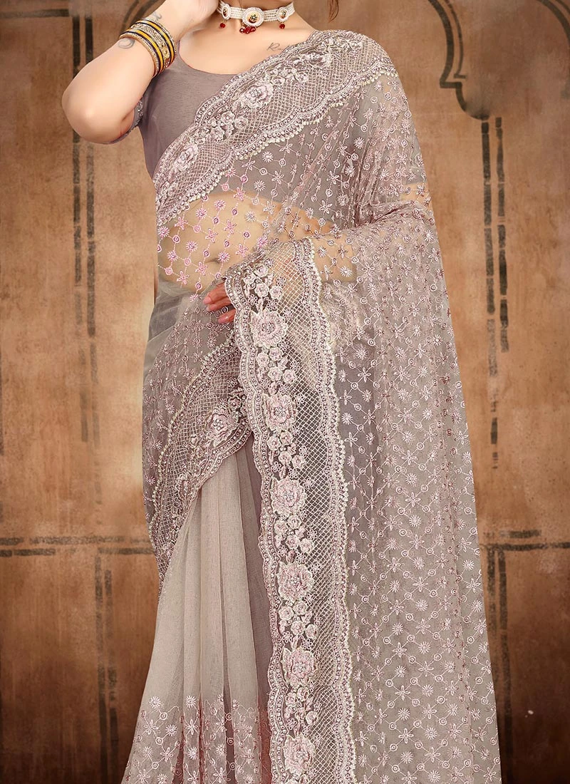 Grey Net Embroidery Stone Work Saree Party Wear 1 Grey Net Embroidery Stone Work Saree Party Wear