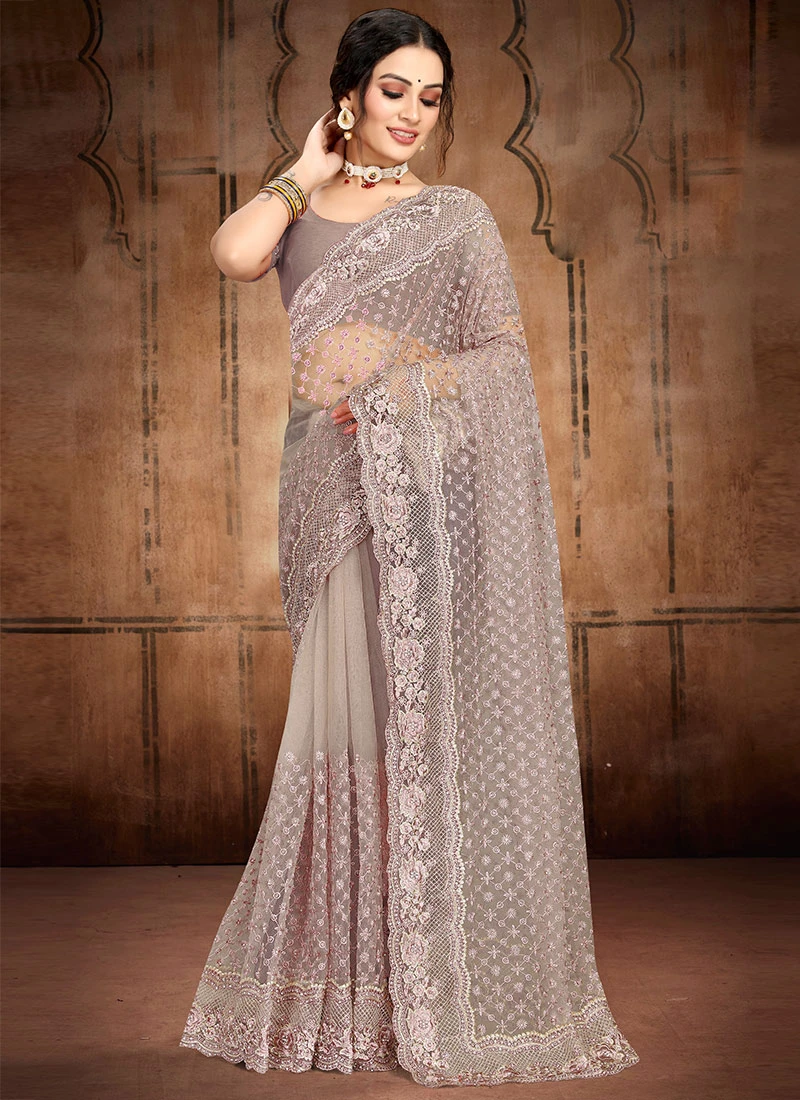 Grey Net Embroidery Stone Work Saree Party Wear 3 Grey Net Embroidery Stone Work Saree Party Wear - Image 3