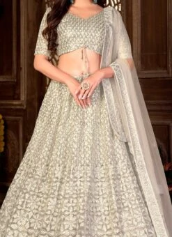 Cream Net Sequins Umbrella Lehenga Party Wear