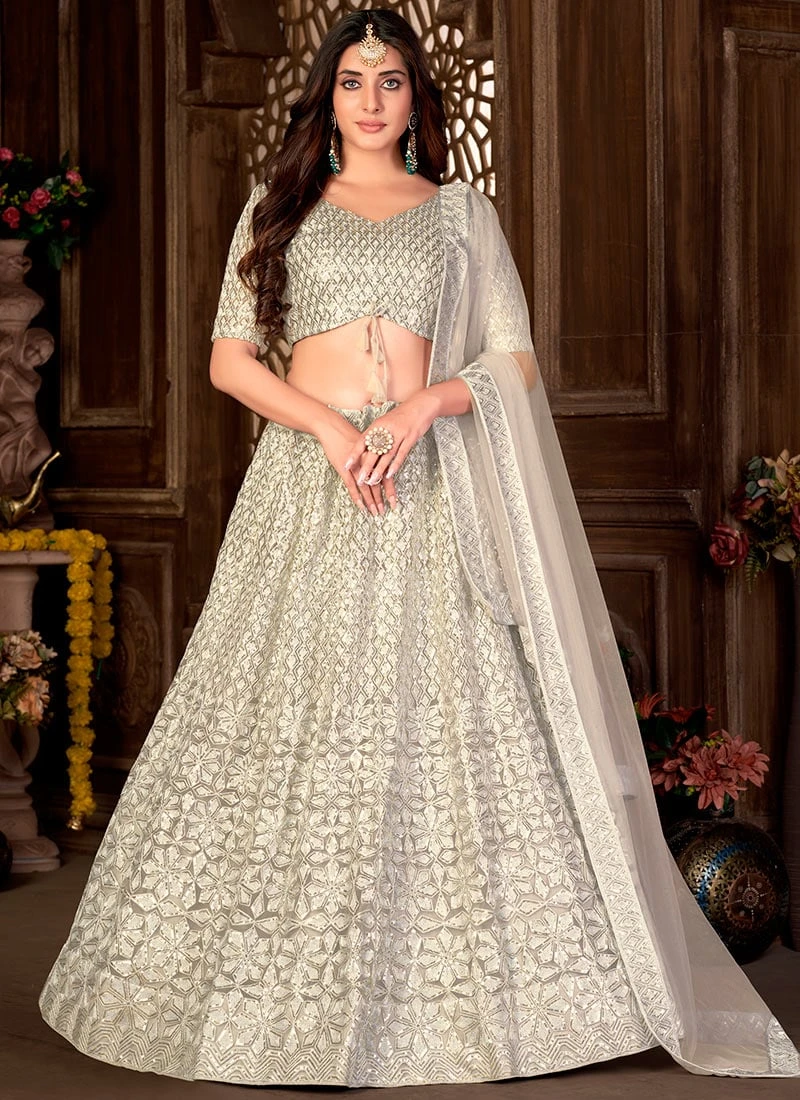 Cream Net Sequins Umbrella Lehenga Party Wear 3 Cream Net Sequins Umbrella Lehenga Party Wear - Image 3