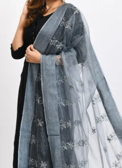 Grey Organza Cotton Chikankari Embroidery Dupatta Work Wear