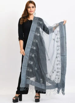 Grey Organza Cotton Chikankari Embroidery Dupatta Work Wear -C Bazaar Shop grey organza cotton chikankari embroidery dupatta dpdmimfd114 u