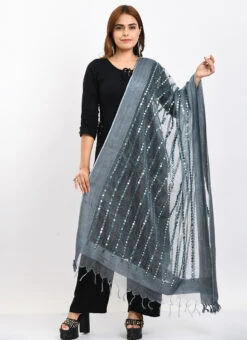 Grey Organza Cotton Mirror Embroidery Dupatta Work Wear -C Bazaar Shop grey organza cotton mirror embroidery dupatta dpdmimfd132 u