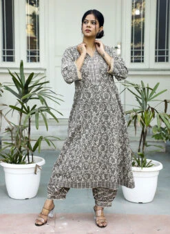 Grey Pure Cotton Hand Block Printed Kurta Salwar Set After Six Wear -C Bazaar Shop grey pure cotton hand block printed kurta salwar set krsjbp2022a2089b u