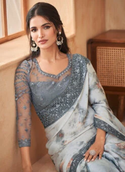 Grey Satin Georgette Embroidered Saree Party Wear -C Bazaar Shop grey satin georgette embroidered saree samkns123412002 b