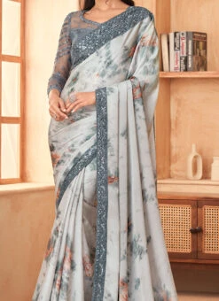 Grey Satin Georgette Embroidered Saree Party Wear