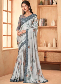 Grey Satin Georgette Embroidered Saree Party Wear -C Bazaar Shop grey satin georgette embroidered saree samkns123412002 u
