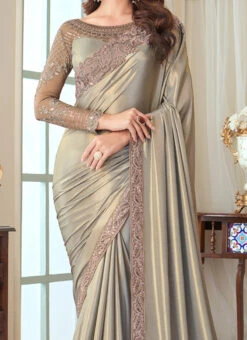 Grey Silk Embroidery Sequins Work Saree Party Wear