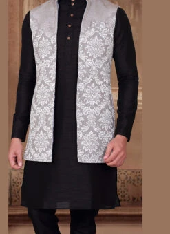 Grey Silk Jacquard Work Long Nehru Jacket