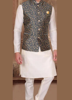Grey Silk Jacquard Work Nehru Jacket