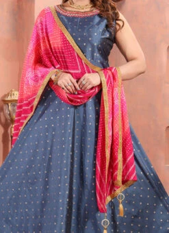 Grey Taffeta Embroidered Gown Party Wear