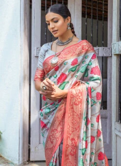Grey Tissue Silk Zari Saree Festive Wear -C Bazaar Shop grey tissue silk zari saree sasvw533 b