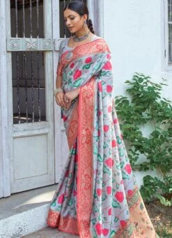 Grey Tissue Silk Zari Saree Festive Wear -C Bazaar Shop grey tissue silk zari saree sasvw533 u