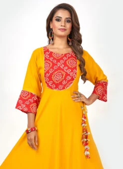Haldi Yellow Rayon Bandhini Printed Kurta Churidar Set Work Wear -C Bazaar Shop haldi yellow rayon bandhini printed kurta churidar set krsmam422 b
