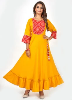Haldi Yellow Rayon Bandhini Printed Kurta Churidar Set Work Wear -C Bazaar Shop haldi yellow rayon bandhini printed kurta churidar set krsmam422 u
