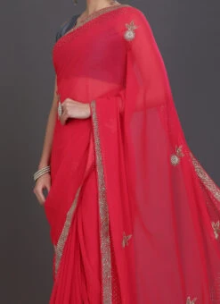 Hand Work Beads Chiffon Red Color Saree Party Wear