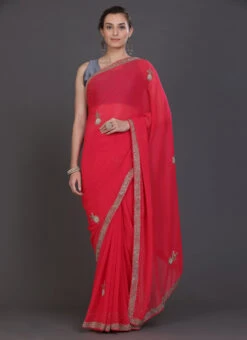 Hand Work Beads Chiffon Red Color Saree Party Wear -C Bazaar Shop hand work beads chiffon red color saree sadcscb02b u