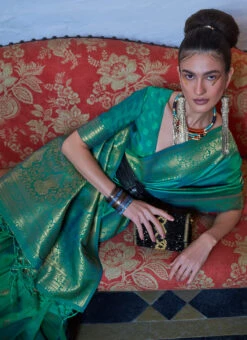 Handloom Weaving Silk Jacquard Woven Work Teal Green Color Saree Festive Wear -C Bazaar Shop handloom weaving silk jacquard woven work teal green color saree sasli2009301005 b