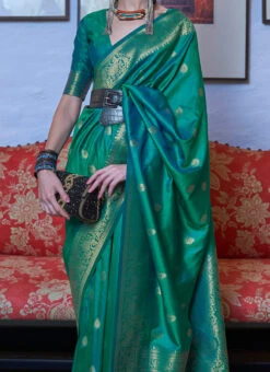 Handloom Weaving Silk Jacquard Woven Work Teal Green Color Saree Festive Wear